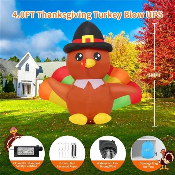 4 FT Thanksgiving Inflatables Turkeys Outdoor Decorations Blow Up Yard - Picture 5 of 7